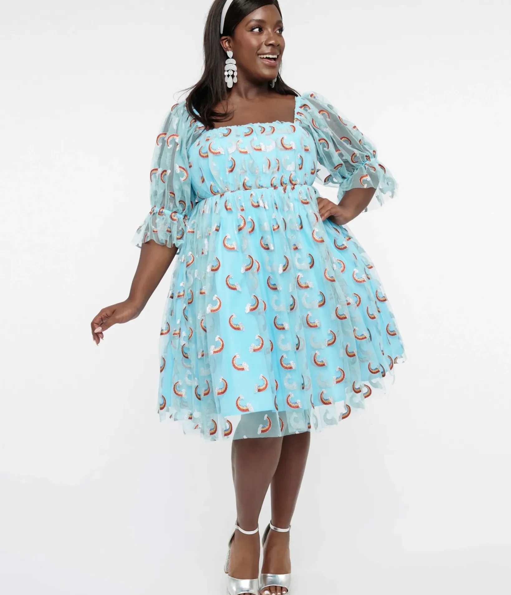 Unique Vintage Babydoll|Babydoll>Smak Parlour Plus Size Sky Blue & Glitter Rainbows Love Interest Babydoll Dress