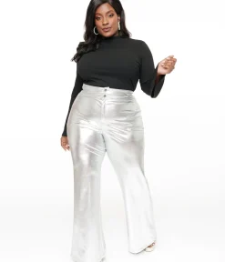 Unique Vintage Pants|Pants>Smak Parlour Plus Size 1960s Metallic Silver High Waist Flare Pants