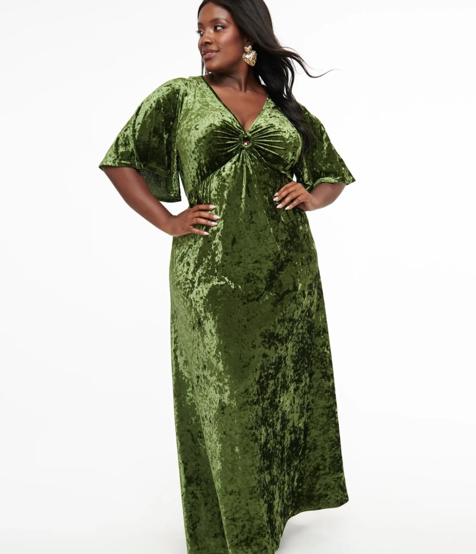 Unique Vintage Maxi|Midi & Maxi>Smak Parlour Plus Size 1970s Mossy Green Velvet Cutout Maxi Dress