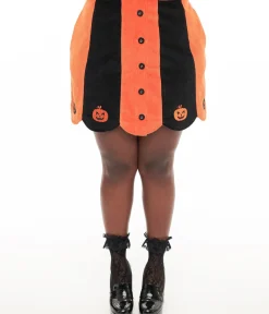 Unique Vintage Skirts|Halloween>Smak Parlour Plus Size 1960s Orange & Black Pumpkin Corduroy Mini Skirt