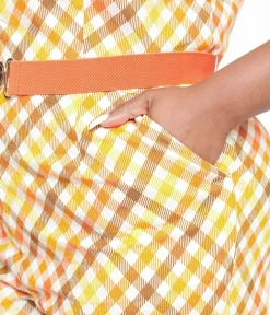 Unique Vintage Rompers & Jumpsuits>Smak Parlour Plus Size 1970s Pumpkin Spice Gingham Belted Romper