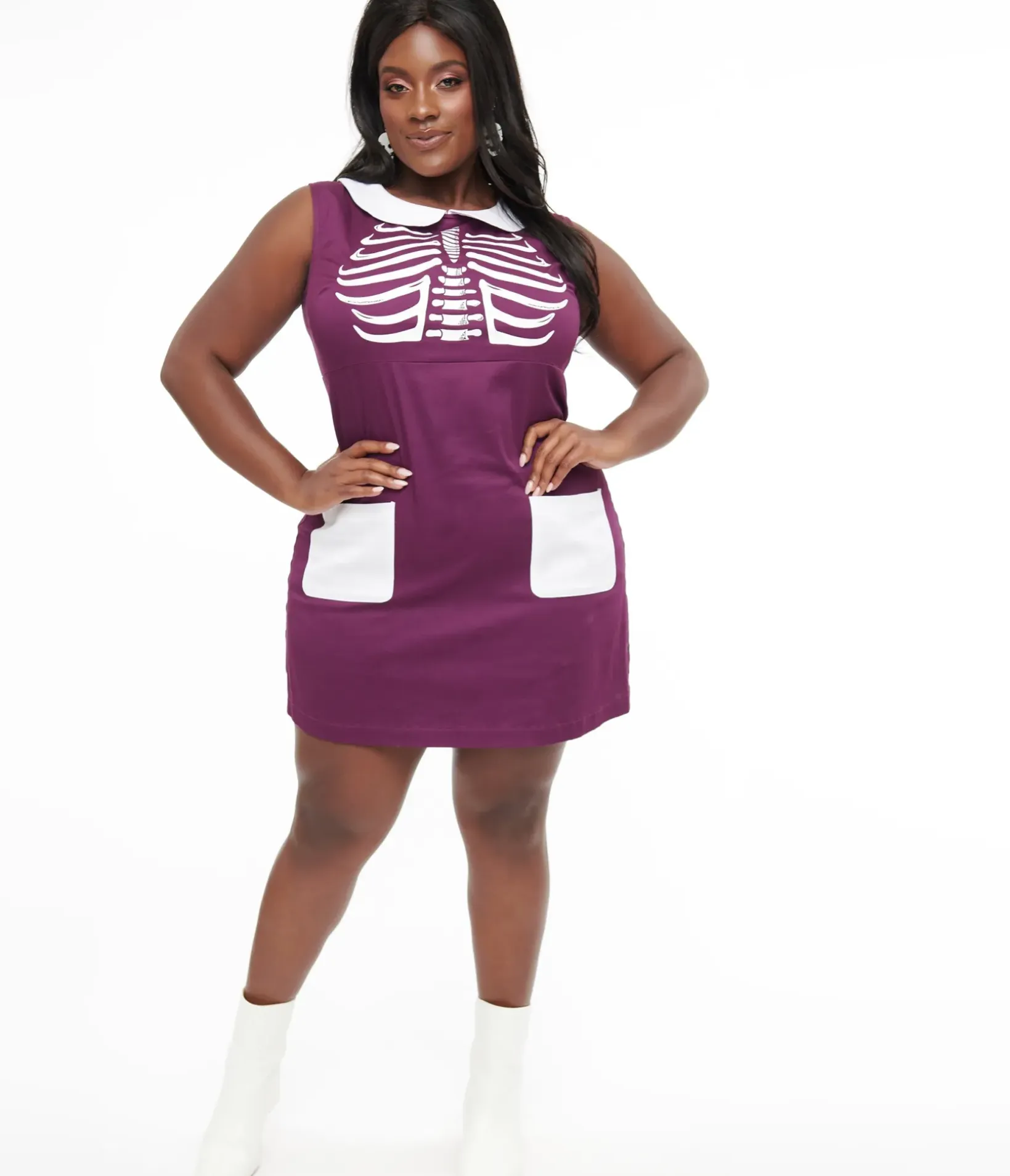 Unique Vintage Pocket Dresses|Everyday Dresses>Smak Parlour Plus Size 1960s Purple & White Skeleton Power Mini Dress