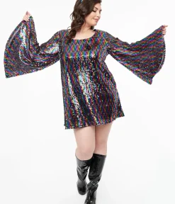 Unique Vintage Fit & Flare|Pocket Dresses>Smak Parlour Plus Size 1960s Rainbow Sequin Downtown Scene Mini Dress