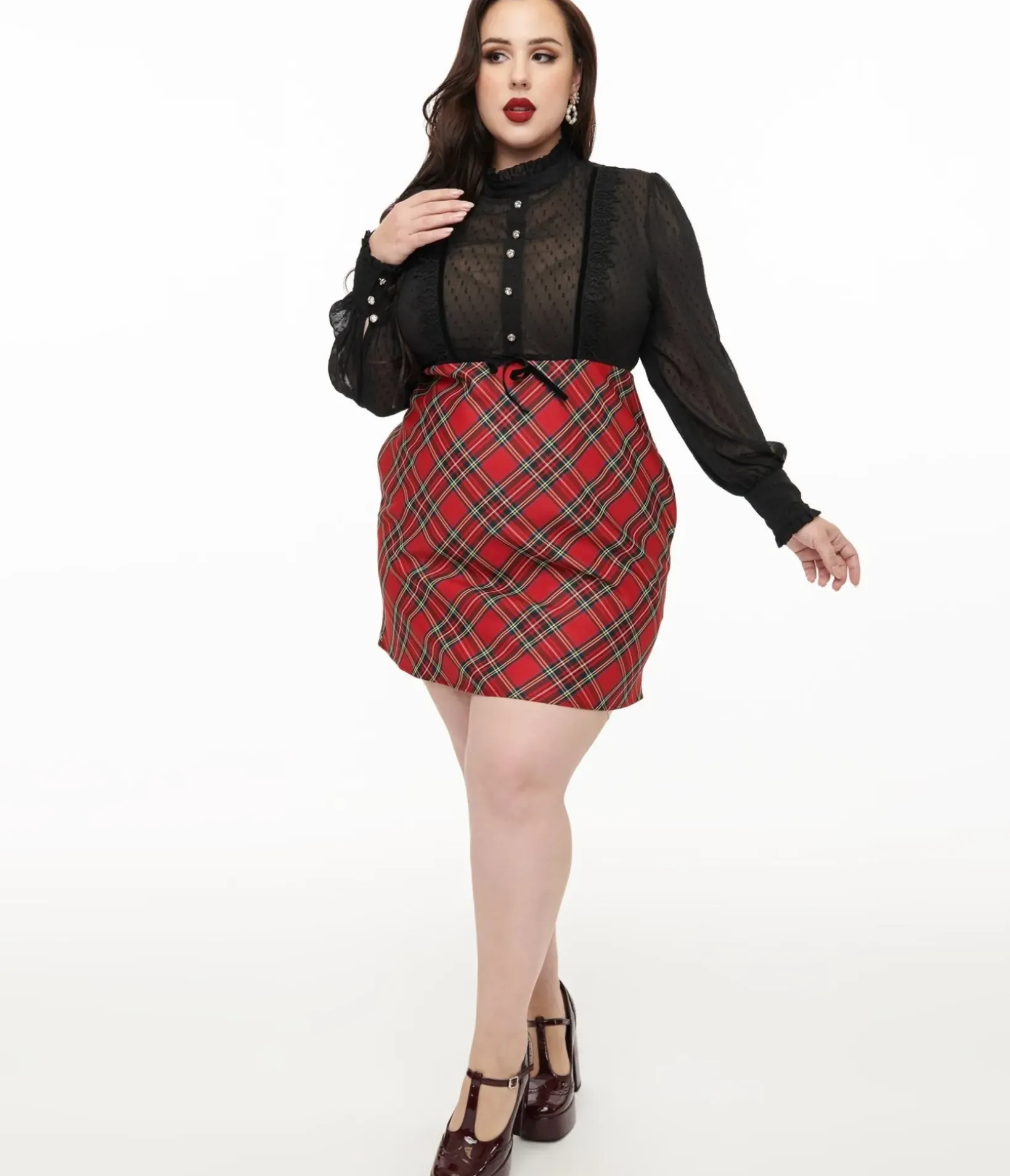 Unique Vintage Everyday Dresses|All Things Red>Smak Parlour Plus Size 1960s Red Plaid & Black Ruffle Neck A-Line Dress