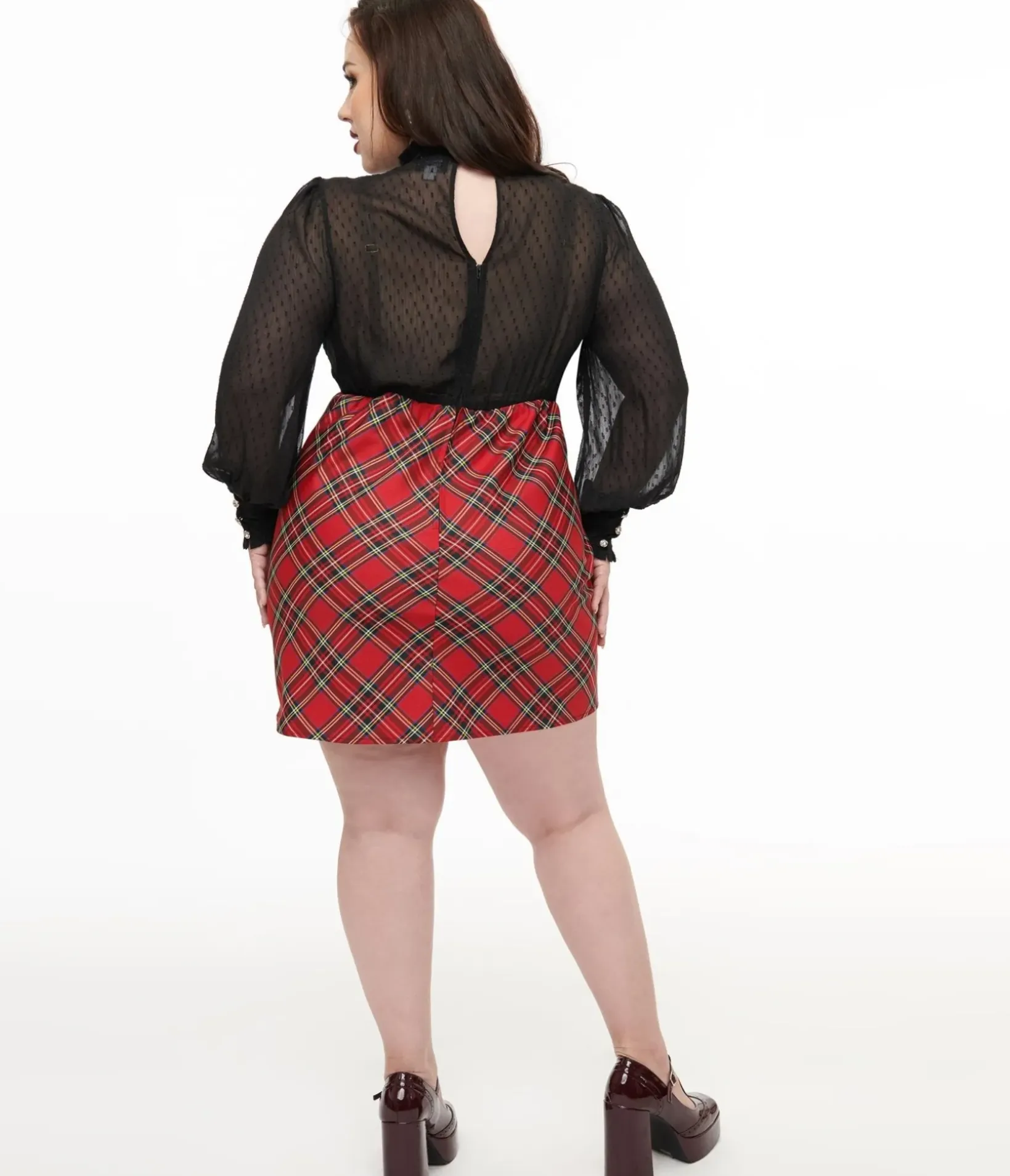 Unique Vintage Everyday Dresses|All Things Red>Smak Parlour Plus Size 1960s Red Plaid & Black Ruffle Neck A-Line Dress