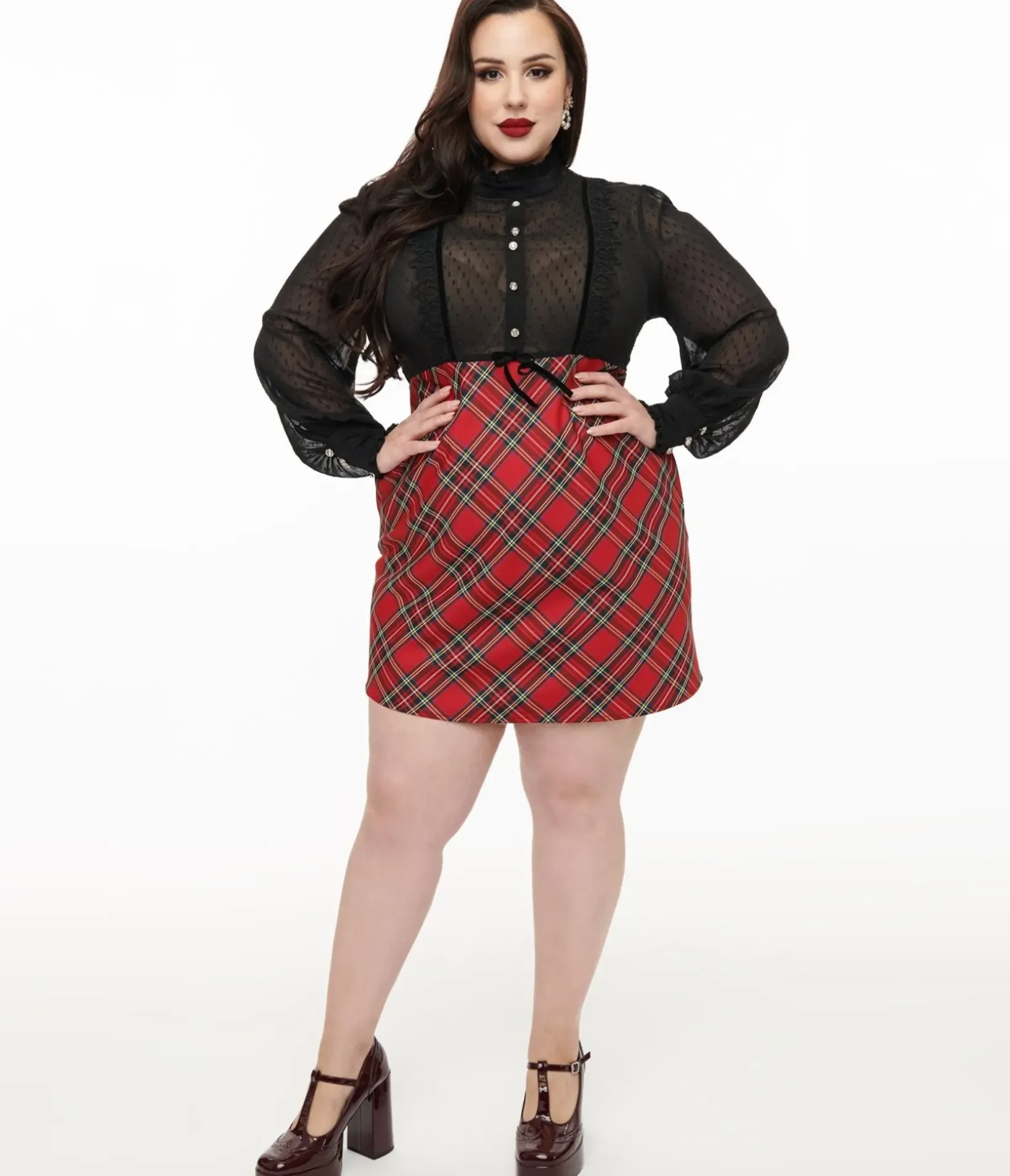 Unique Vintage Everyday Dresses|All Things Red>Smak Parlour Plus Size 1960s Red Plaid & Black Ruffle Neck A-Line Dress