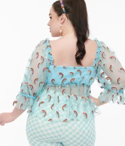 Unique Vintage Blouses|Blouses>Smak Parlour Plus Size 1960s Sky Blue & Glitter Rainbow Mesh Ruffle Babydoll Top