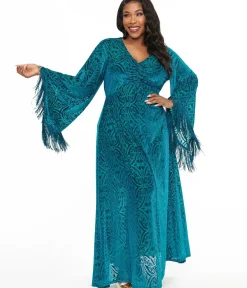 Unique Vintage Maxi|Midi & Maxi>Smak Parlour Plus Size 1970s Teal Floral Fringe Sleeve Maxi Dress