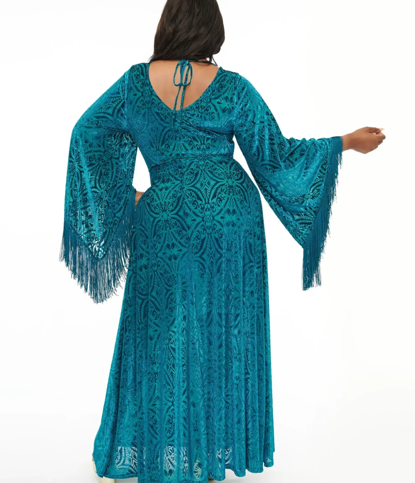 Unique Vintage Maxi|Midi & Maxi>Smak Parlour Plus Size 1970s Teal Floral Fringe Sleeve Maxi Dress
