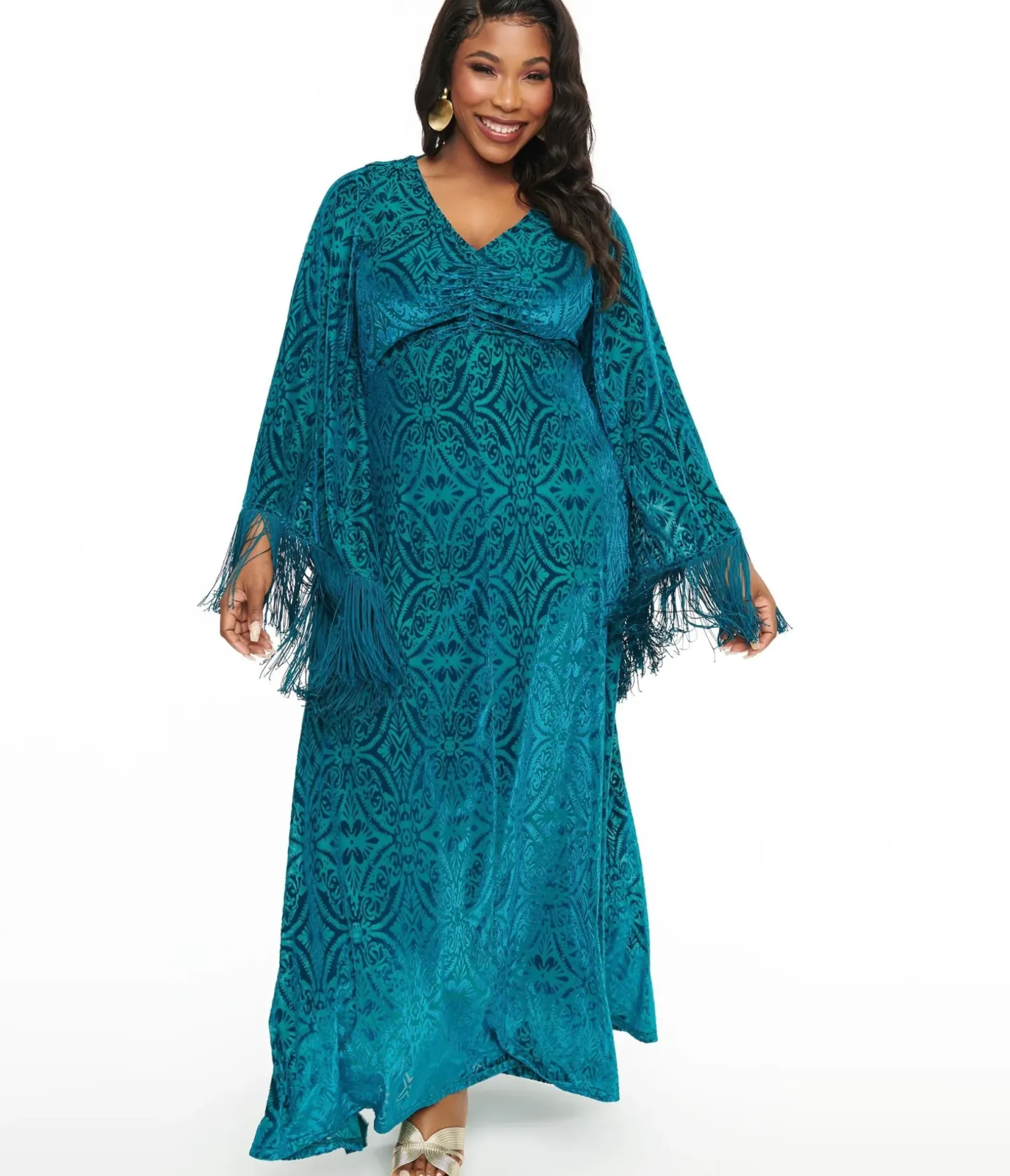 Unique Vintage Maxi|Midi & Maxi>Smak Parlour Plus Size 1970s Teal Floral Fringe Sleeve Maxi Dress