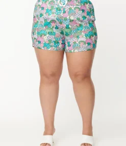 Unique Vintage Shorts|Shorts>Smak Parlour Plus Size Teal Groovy Mushrooms Shorts