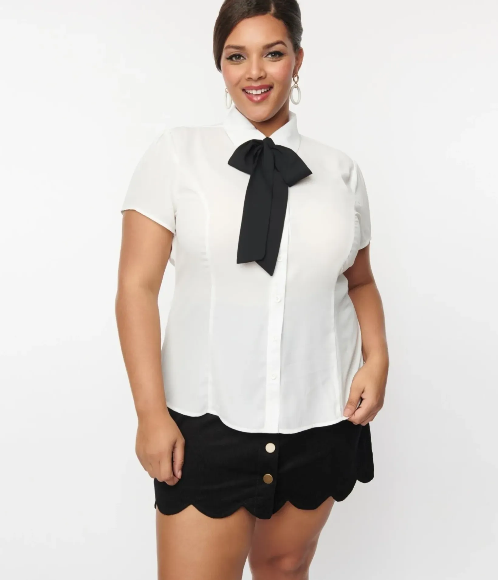 Unique Vintage Blouses>Smak Parlour Plus Size White & Bow Ties Power Play Blouse