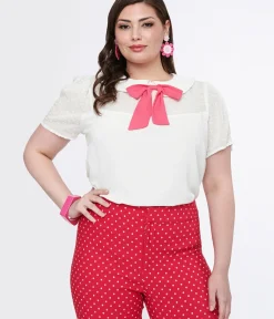 Unique Vintage Blouses|Blouses>Smak Parlour Plus Size White & Pink Collared Bow Blouse