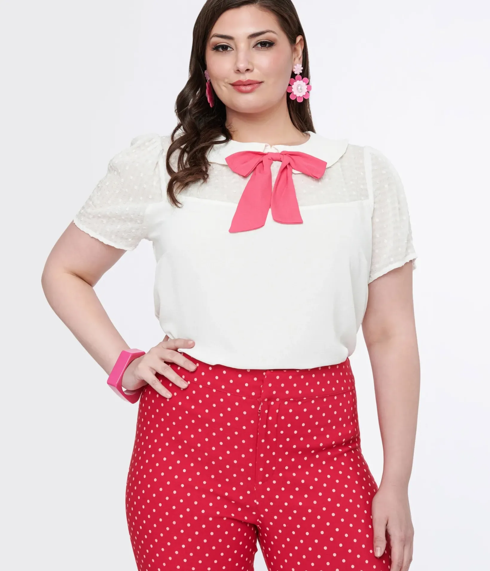 Unique Vintage Blouses|Blouses>Smak Parlour Plus Size White & Pink Collared Bow Blouse