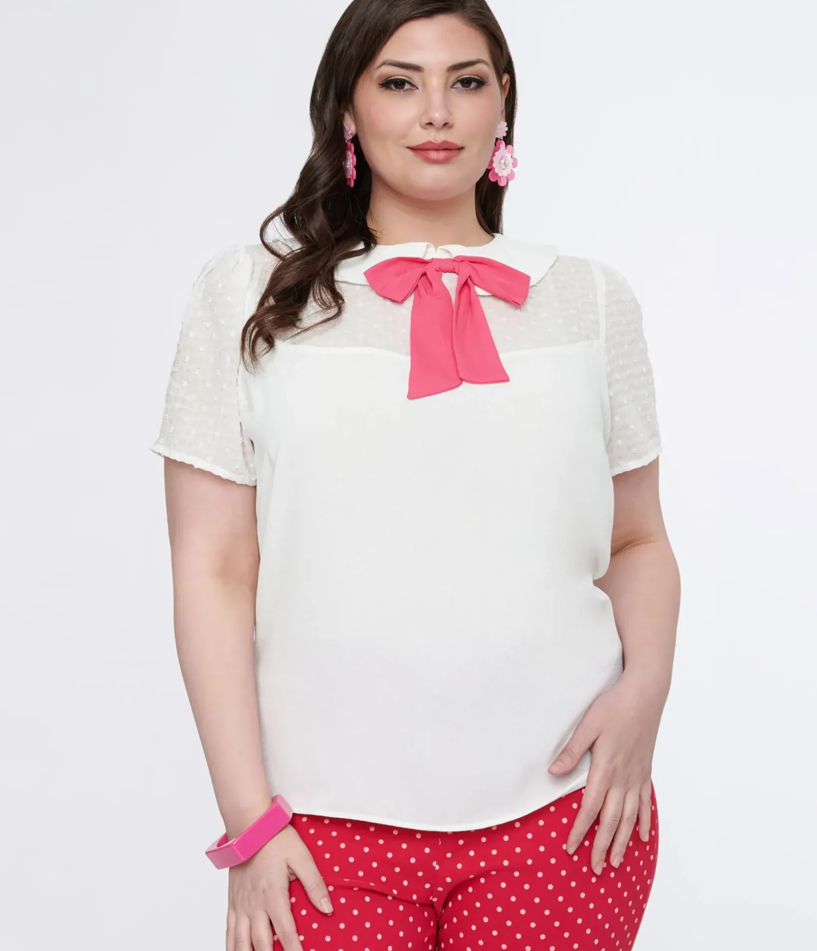 Unique Vintage Blouses|Blouses>Smak Parlour Plus Size White & Pink Collared Bow Blouse