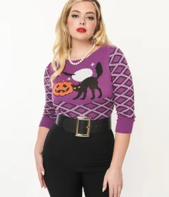 Unique Vintage Sweaters & Cardigans|Halloween>Smak Parlour Purple Plaid & Black Cat Sweater