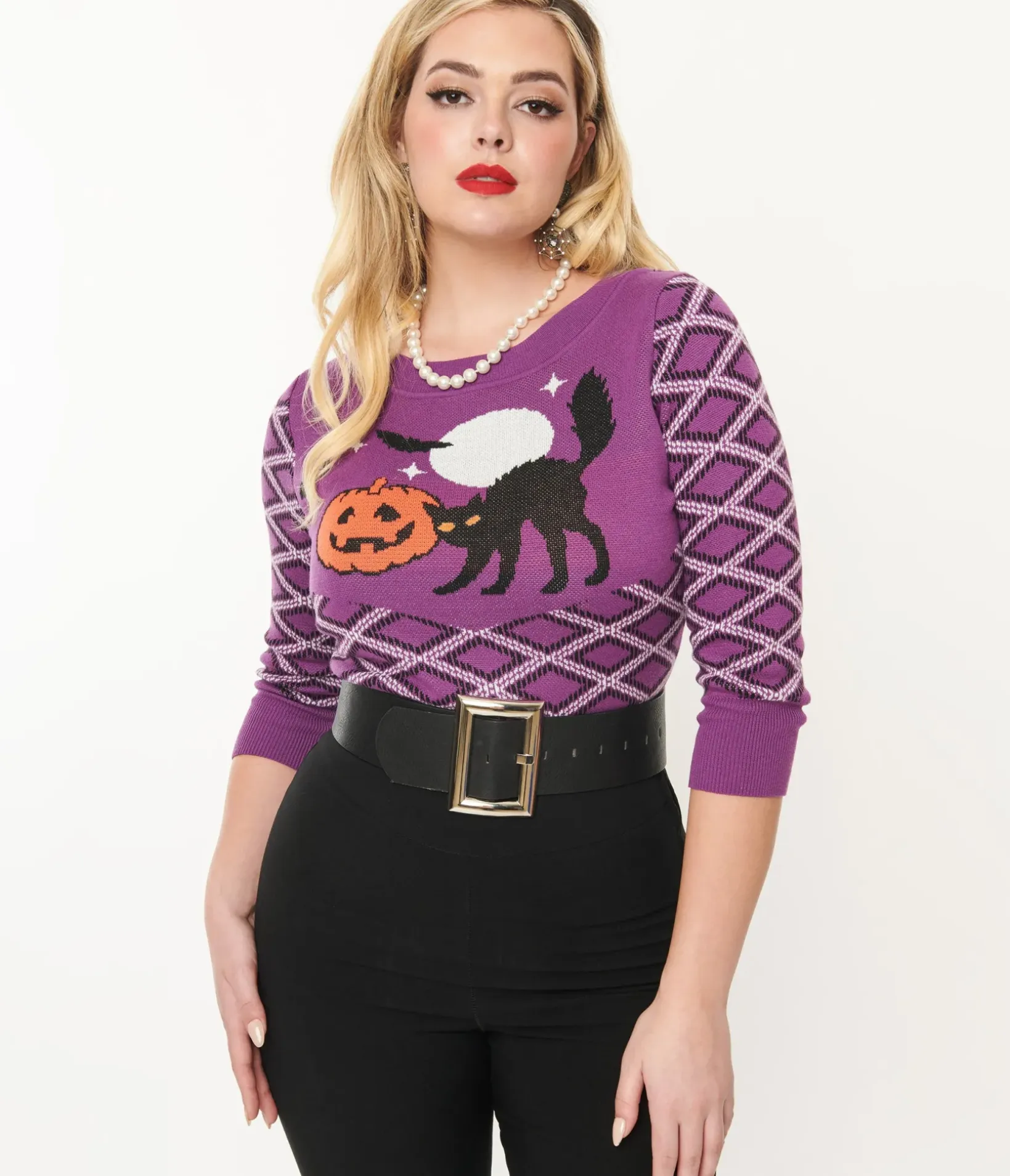 Unique Vintage Sweaters & Cardigans|Halloween>Smak Parlour Purple Plaid & Black Cat Sweater