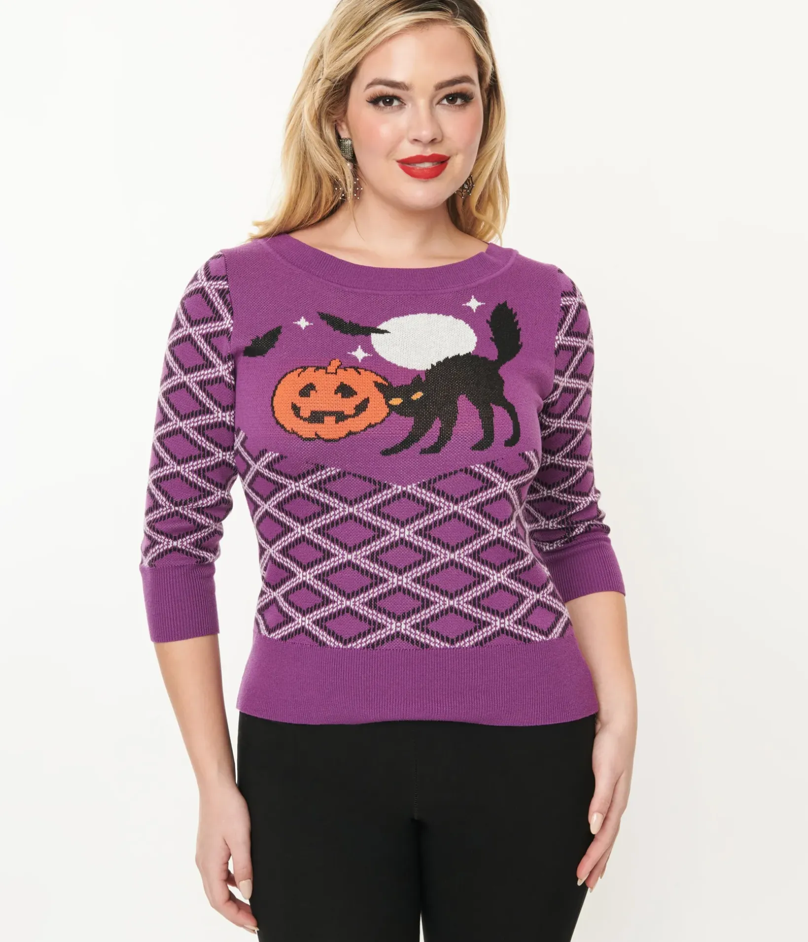 Unique Vintage Sweaters & Cardigans|Halloween>Smak Parlour Purple Plaid & Black Cat Sweater
