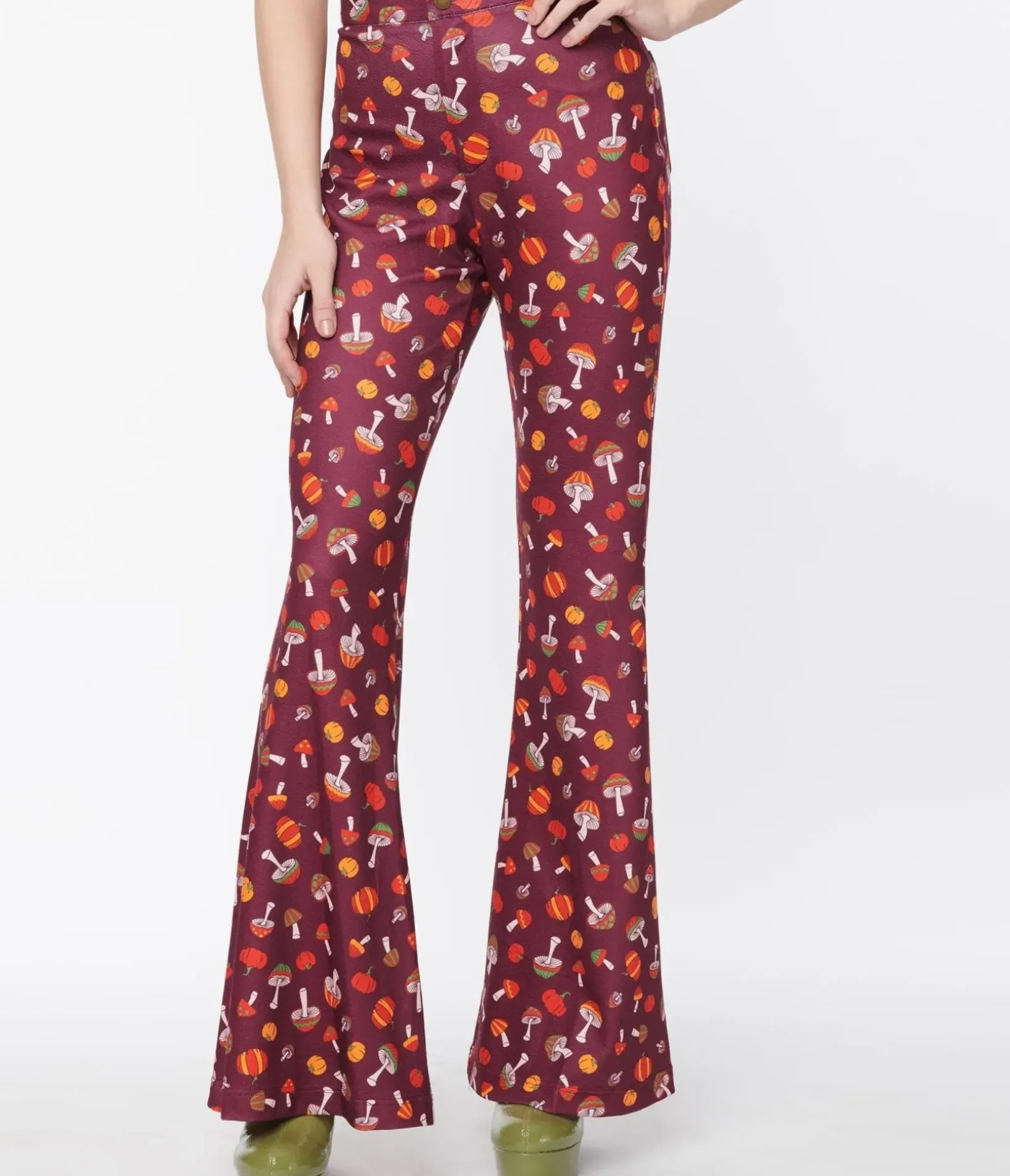Unique Vintage Pants|Pants>Smak Parlour Purple 1970s Pumpkin & Mushrooms Find Your Flare Pants