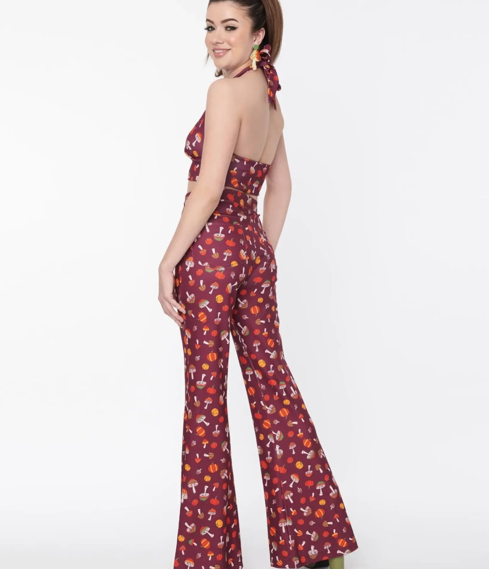 Unique Vintage Pants|Pants>Smak Parlour Purple 1970s Pumpkin & Mushrooms Find Your Flare Pants