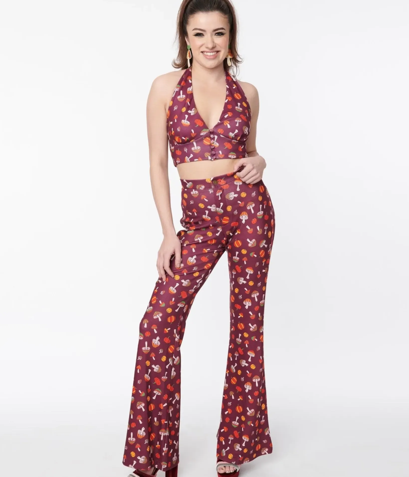Unique Vintage Pants|Pants>Smak Parlour Purple 1970s Pumpkin & Mushrooms Find Your Flare Pants