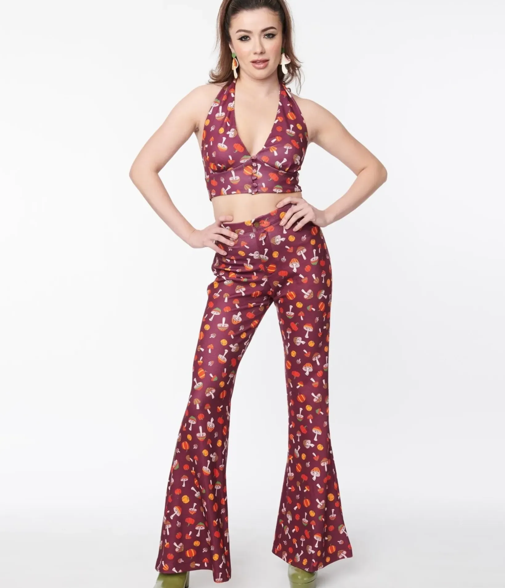 Unique Vintage Pants|Pants>Smak Parlour Purple 1970s Pumpkin & Mushrooms Find Your Flare Pants