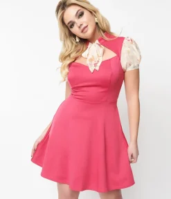 Unique Vintage Fit & Flare|Pocket Dresses>Smak Parlour Rose & Cream Floral Chiffon Flare Dress