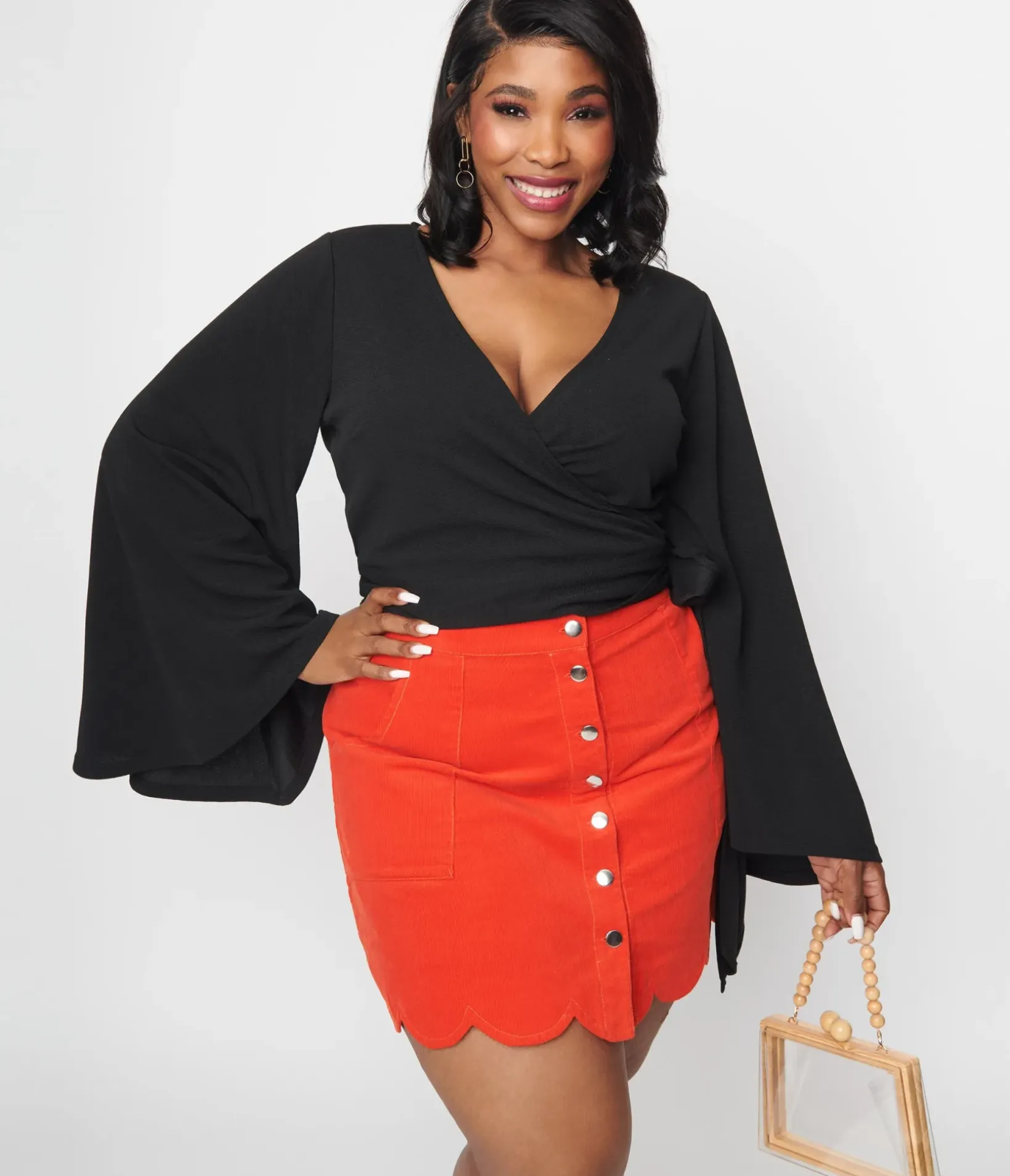 Unique Vintage All Things Black|Work Wear>Smak Parlour 1970s Black Bell Sleeve Wrap Top