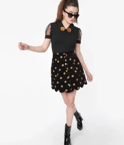 Unique Vintage Skirts|Skirts>Smak Parlour 1970s Black Corduroy & Pumpkin Stamp Campus Mini Skirt