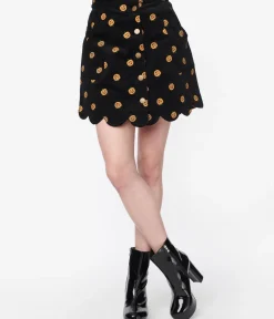 Unique Vintage Skirts|Skirts>Smak Parlour 1970s Black Corduroy & Pumpkin Stamp Campus Mini Skirt