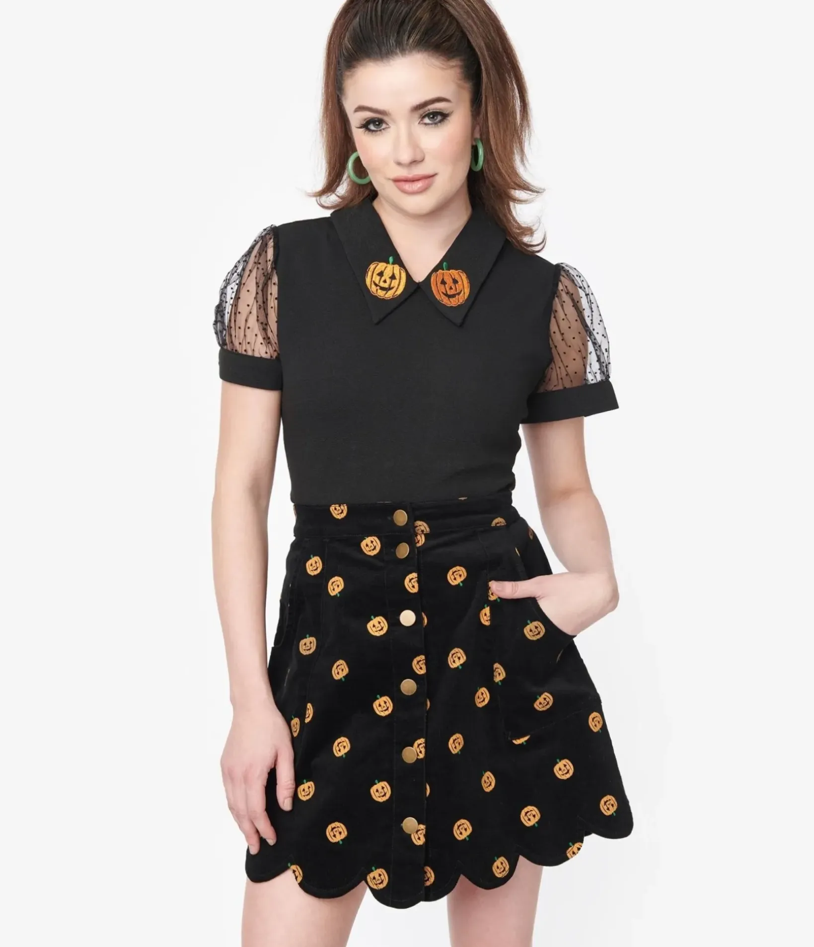 Unique Vintage Skirts|Skirts>Smak Parlour 1970s Black Corduroy & Pumpkin Stamp Campus Mini Skirt
