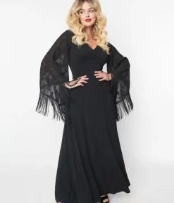 Unique Vintage Maxi|Everyday Dresses>Smak Parlour 1970s Black Floral Fringe Sleeve Maxi Dress