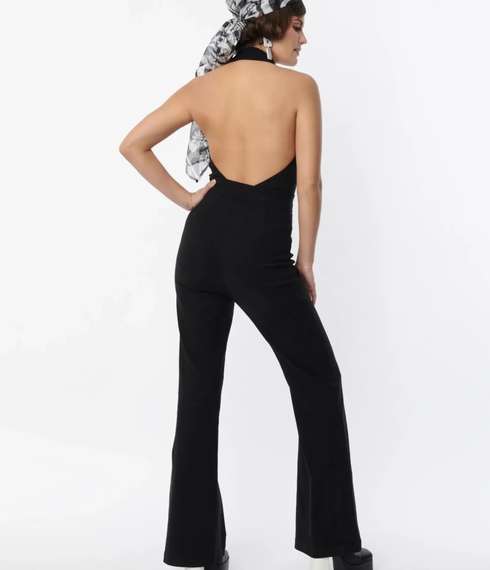 Unique Vintage All Things Black>Smak Parlour 1970s Black Front Zipper Halter Jumpsuit
