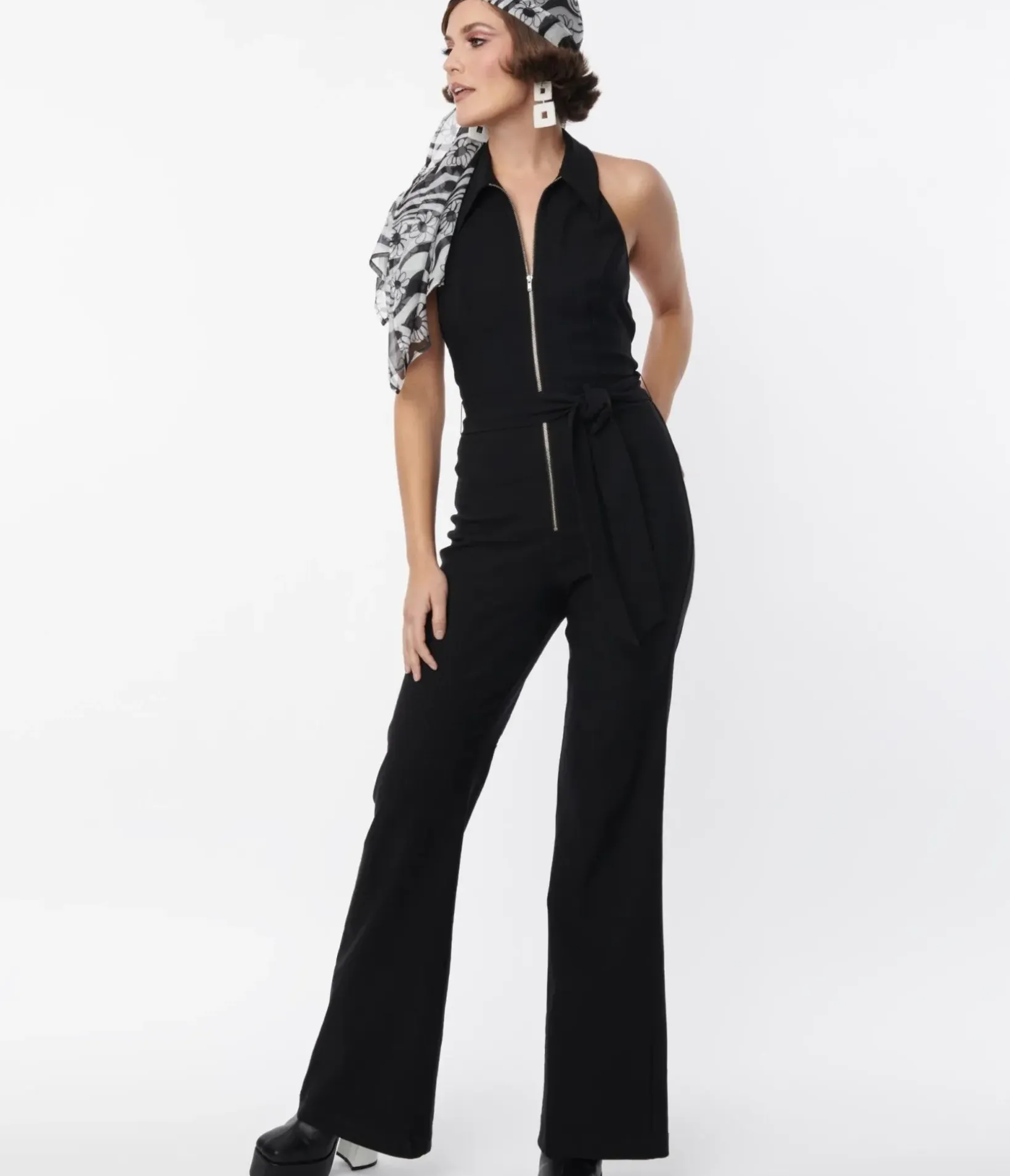 Unique Vintage All Things Black>Smak Parlour 1970s Black Front Zipper Halter Jumpsuit