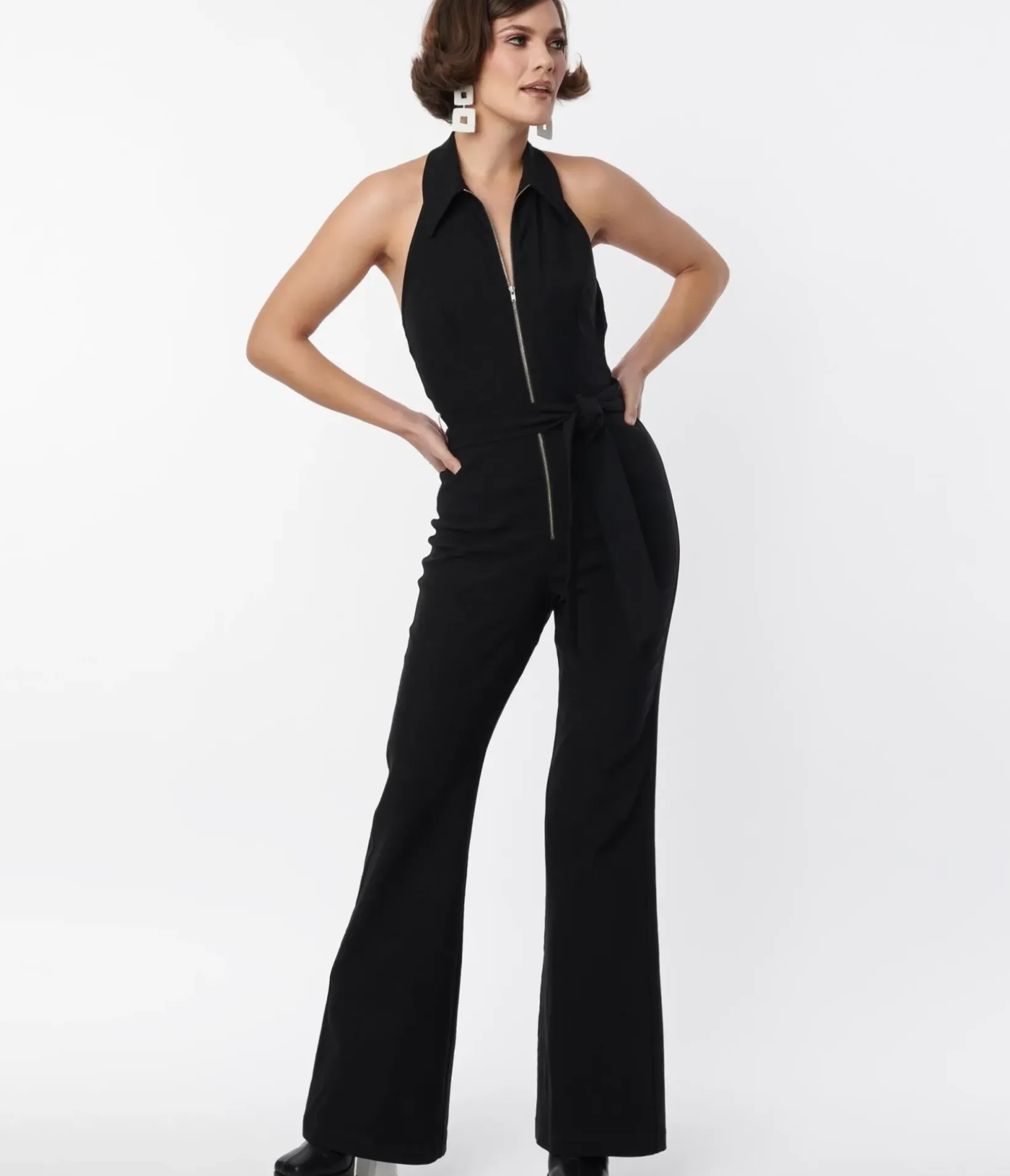 Unique Vintage All Things Black>Smak Parlour 1970s Black Front Zipper Halter Jumpsuit