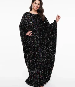 Unique Vintage Maxi|Caftans>Smak Parlour 1970s Black & Multicolor Sequin Batwing Caftan