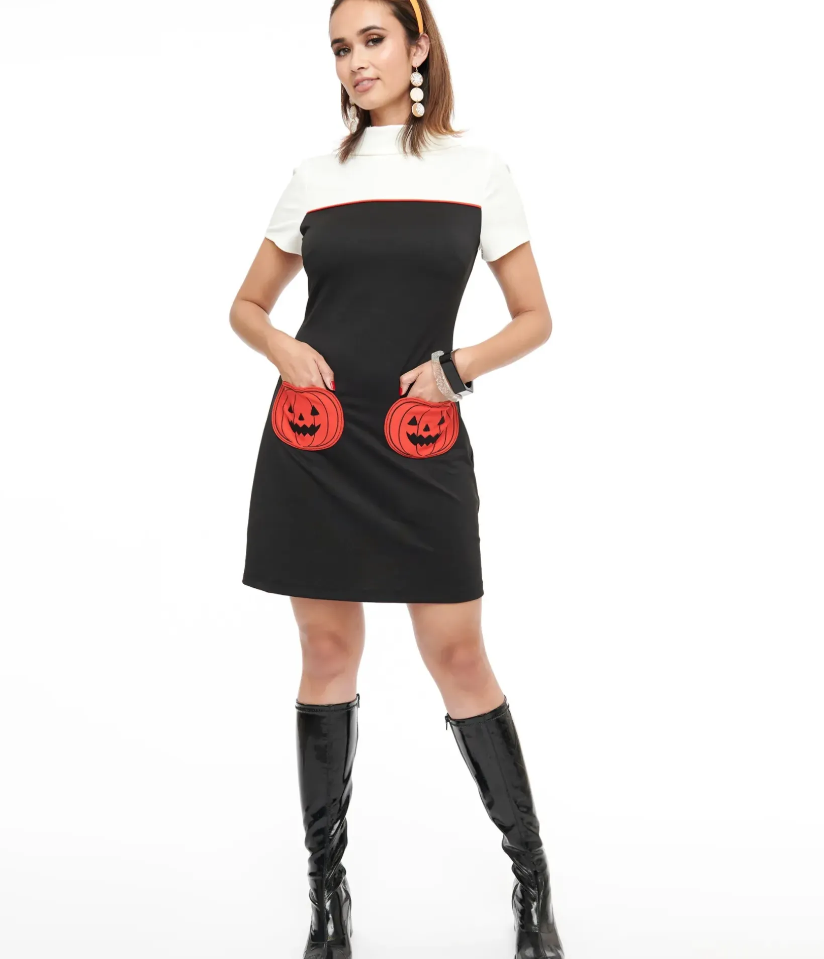 Unique Vintage Pocket Dresses|Everyday Dresses>Smak Parlour 1960s Black & Orange Pumpkin Pocket Shift Dress