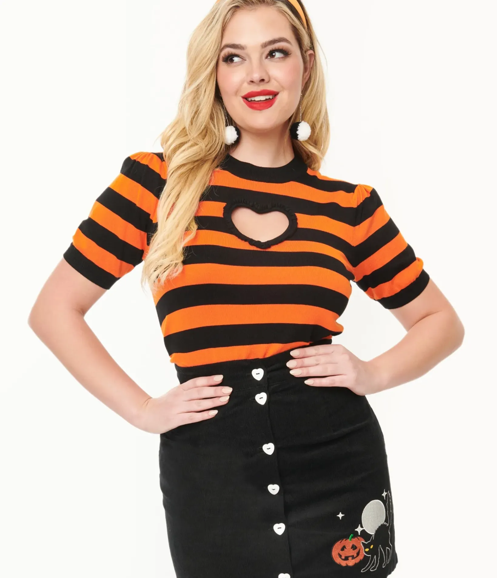 Unique Vintage Halloween>Smak Parlour 1950s Black & Orange Stripe Heart Sweater