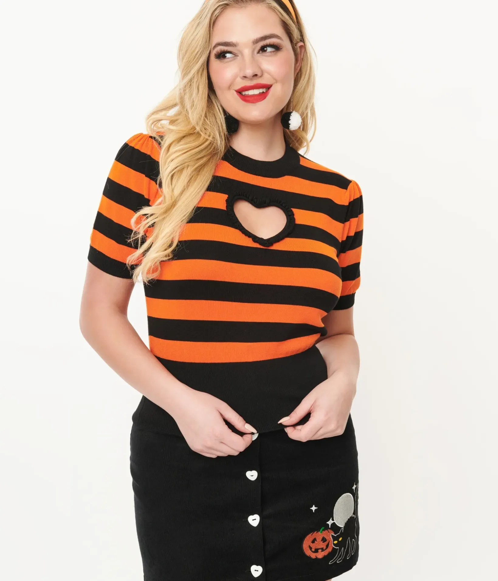 Unique Vintage Halloween>Smak Parlour 1950s Black & Orange Stripe Heart Sweater