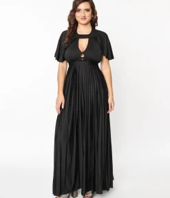 Unique Vintage Maxi|All Things Black>Smak Parlour 1970s Black Pleated Cape Maxi Dress