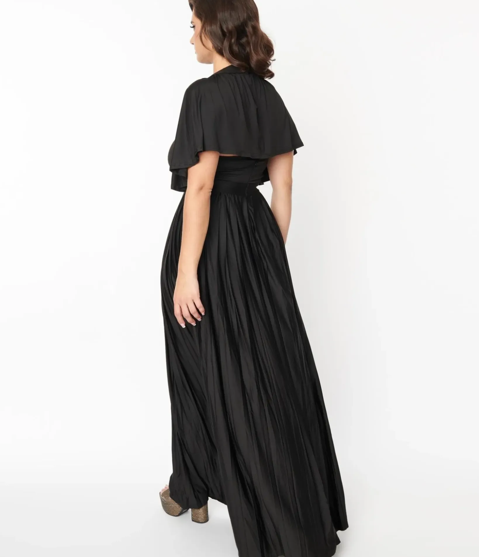 Unique Vintage Maxi|All Things Black>Smak Parlour 1970s Black Pleated Cape Maxi Dress