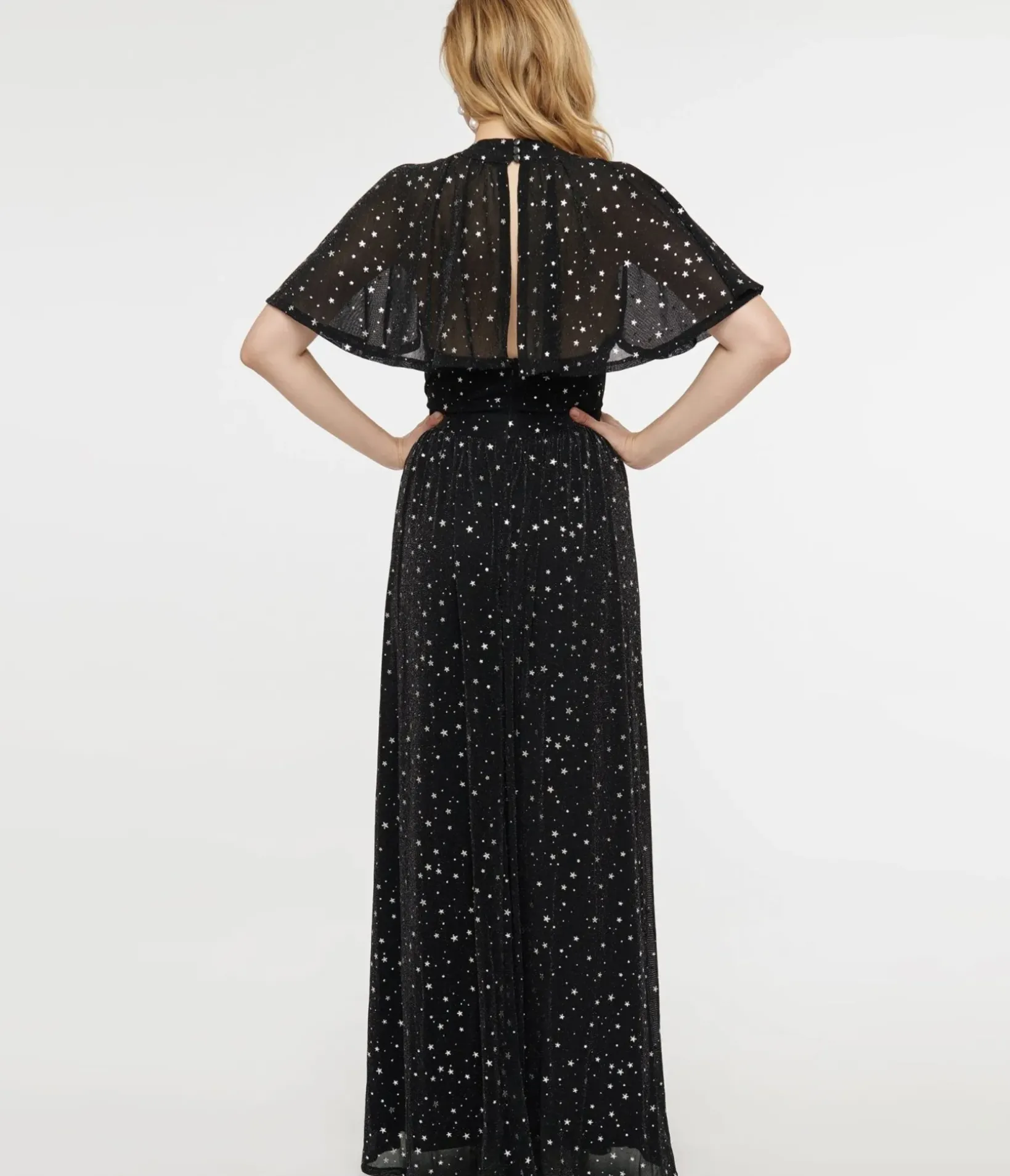 Unique Vintage Maxi|Everyday Dresses>Smak Parlour 1970s Black & Silver Star Cape Maxi Dress