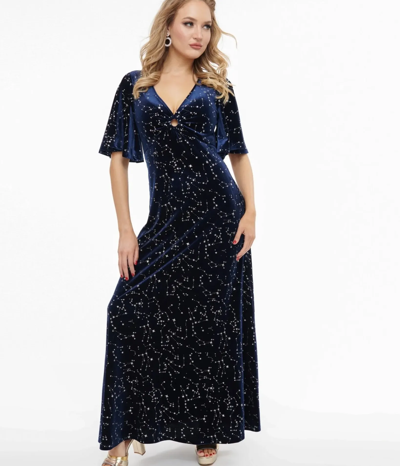 Unique Vintage Maxi|Everyday Dresses>Smak Parlour 1970s Blue Velvet Silver Stars Cutout Maxi Dress