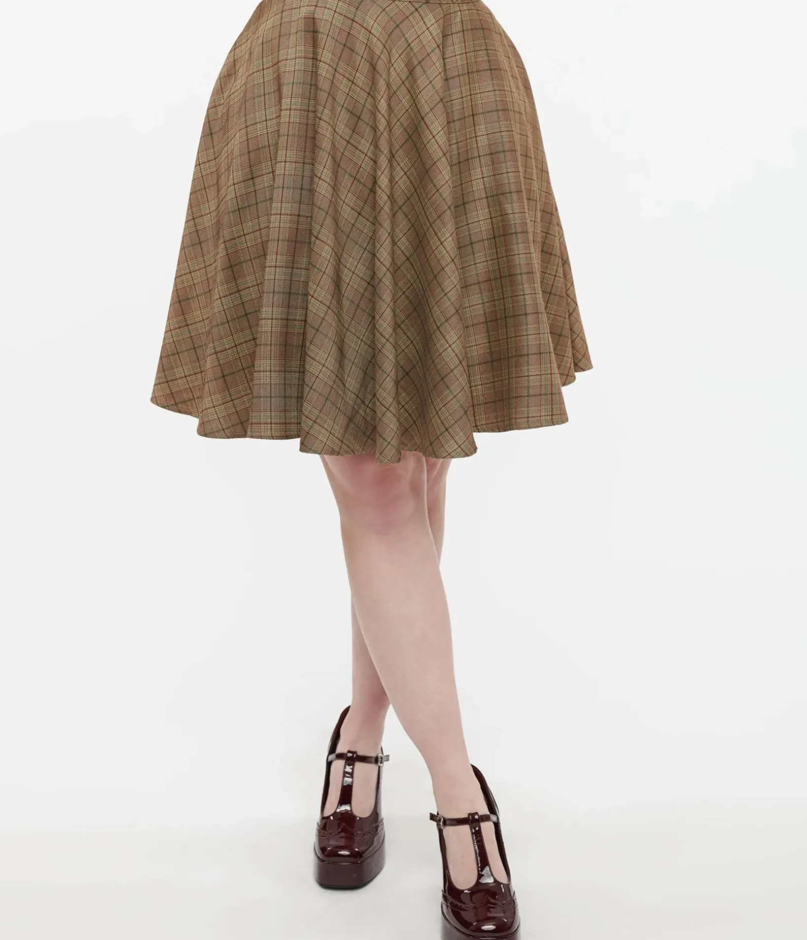 Unique Vintage Skirts>Smak Parlour 1960s Brown & Green Plaid Scene Flare Skirt