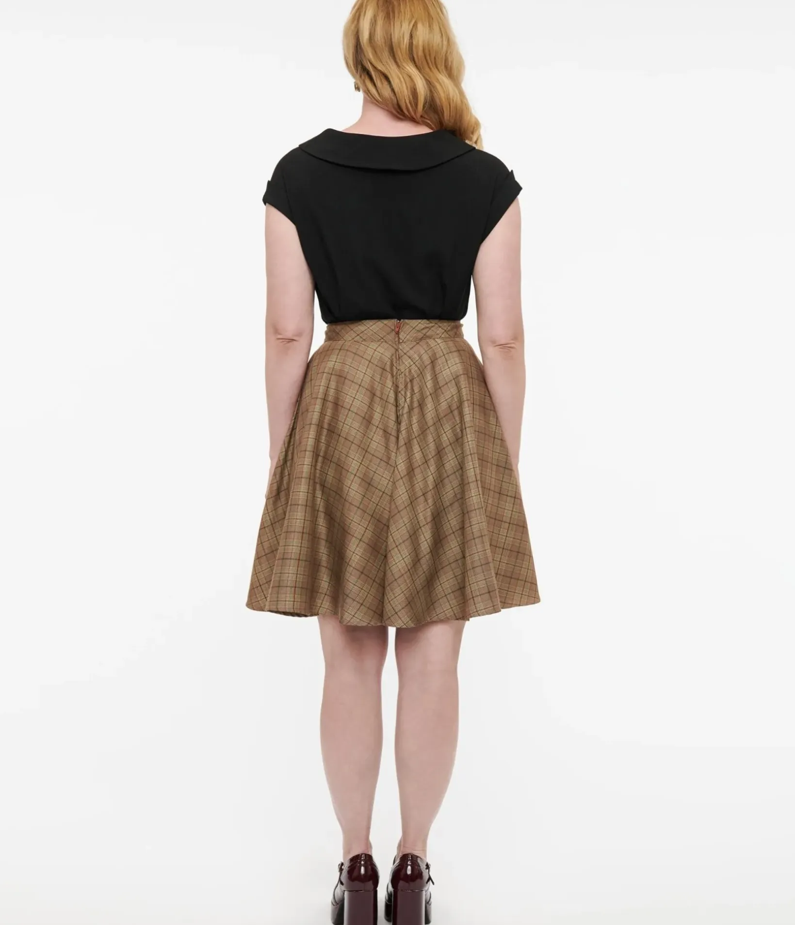 Unique Vintage Skirts>Smak Parlour 1960s Brown & Green Plaid Scene Flare Skirt