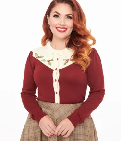 Unique Vintage Sweaters & Cardigans>Smak Parlour 1960s Burgundy & Ivory Mistletoe Cardigan