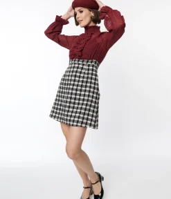 Unique Vintage Pocket Dresses|Everyday Dresses>Smak Parlour 1960s Burgundy & Plaid Ruffle Neck Empire A-Line Dress