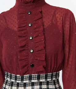 Unique Vintage Pocket Dresses|Everyday Dresses>Smak Parlour 1960s Burgundy & Plaid Ruffle Neck Empire A-Line Dress