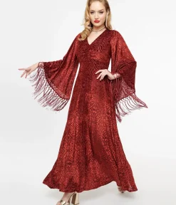 Unique Vintage Maxi|Everyday Dresses>Smak Parlour 1970s Burgundy Velvet Burnout Fringe Sleeve Maxi Dress