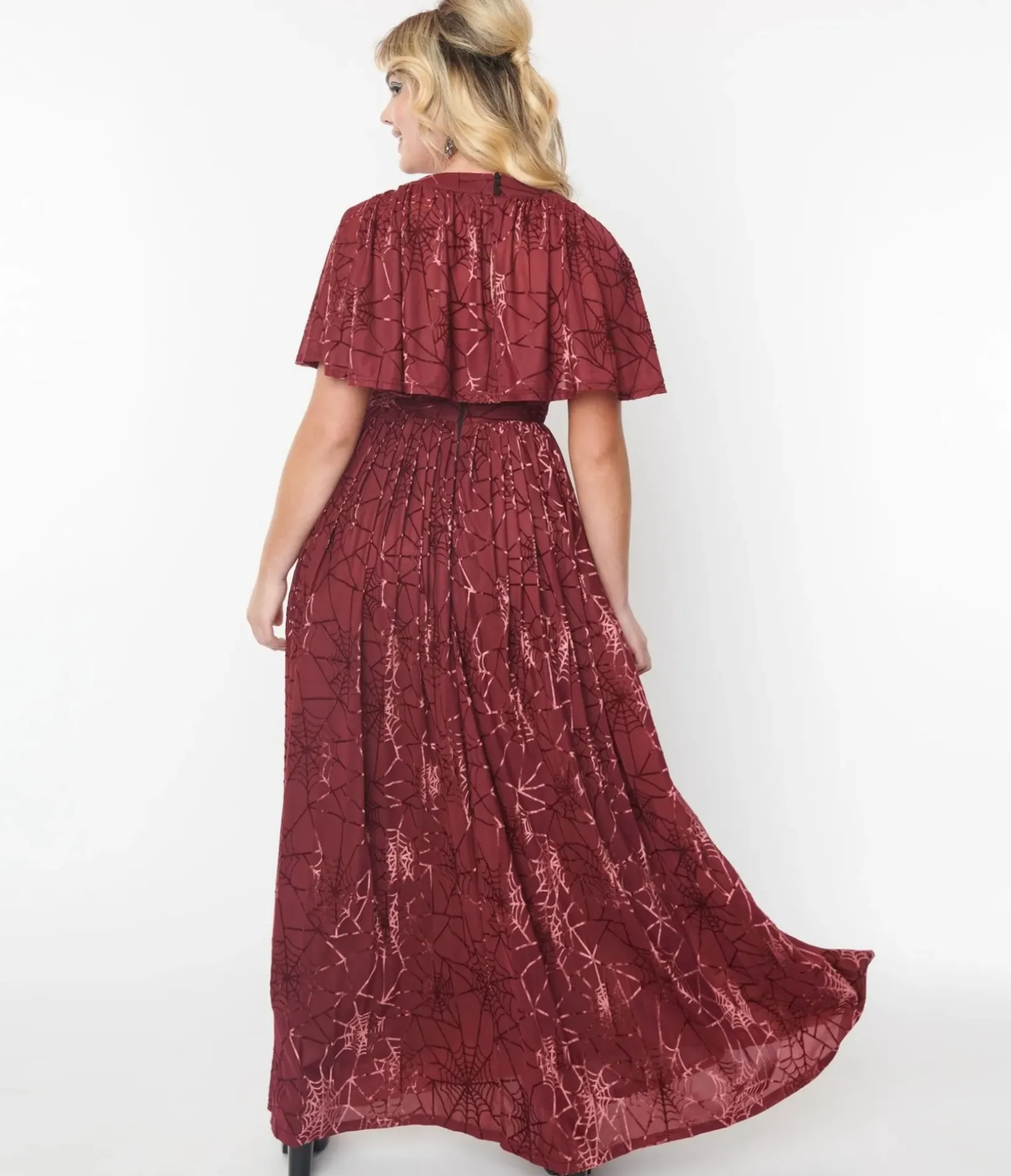 Unique Vintage Everyday Dresses|Halloween>Smak Parlour 1970s Burgundy & Velvet Spiderweb Cape Maxi Dress